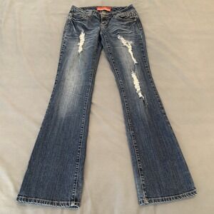 Zana Di Jeans Juniors 7 Blue Medium Wash Low Rise Flare Distressed Stretch Denim
